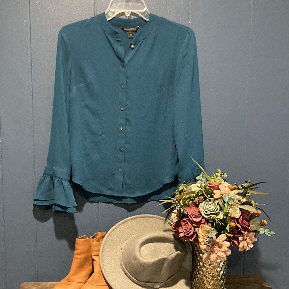 Teal blouse with gold buttons and ruffle sleeves